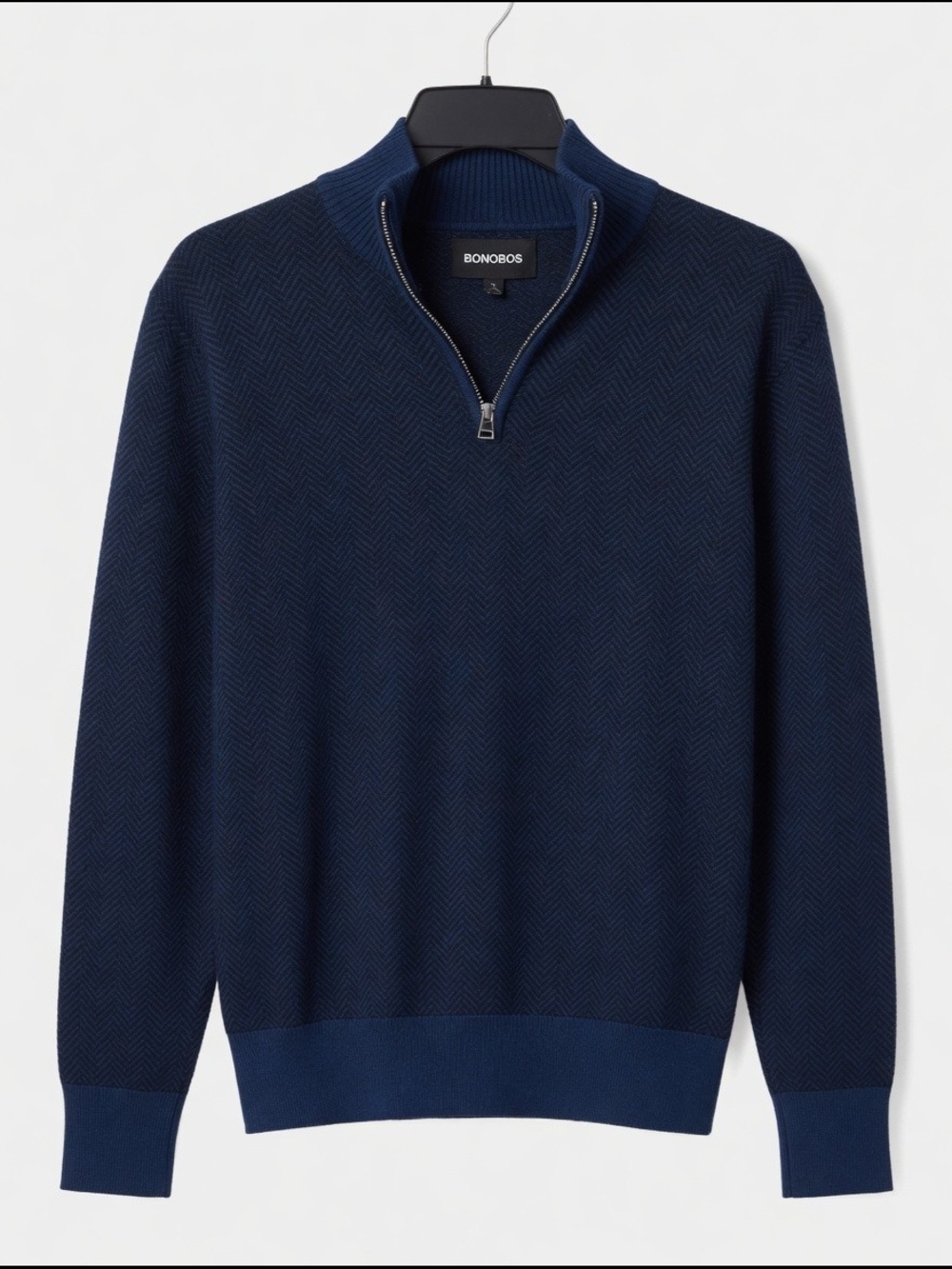 Size L Bonobos Navy Herringbone Quarter Zip Merino Sweater Slim Fit